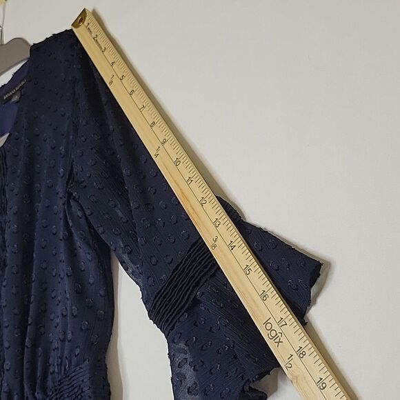 4 BANANA REPUBLIC CLASSIC CHIFFON SWISS DOT FLUTTER SLEEVE NAVY BLUE LINED DRESS - Picture 11 of 14